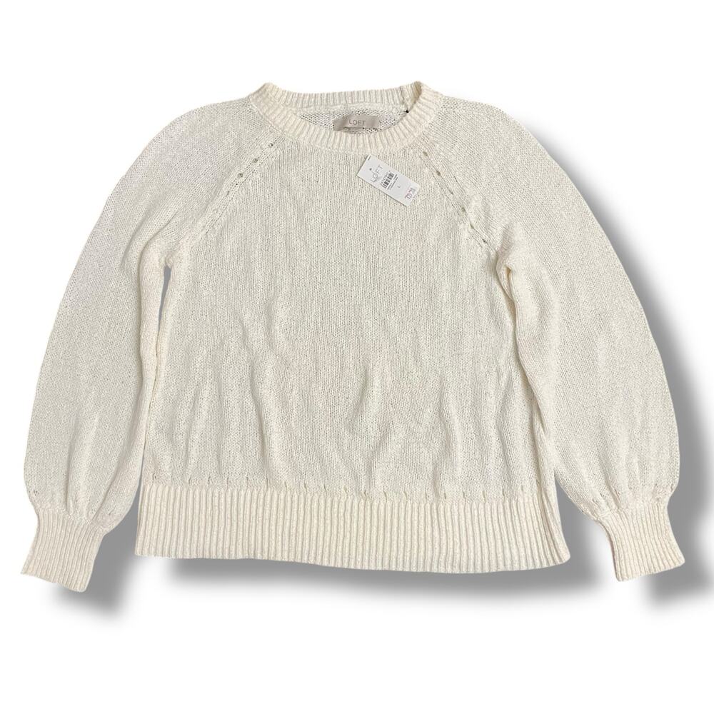 LOFT Ivory Chunky Knit Sweater Women’s Large Cotton Blend Raglan NWT‎